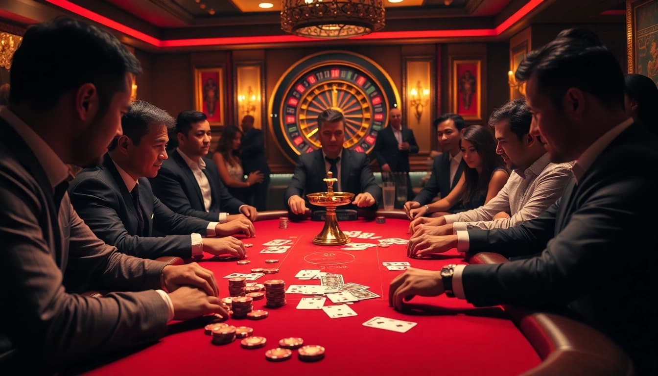 Experience the thrill at a hit club poker table with intense players and vibrant casino elements.