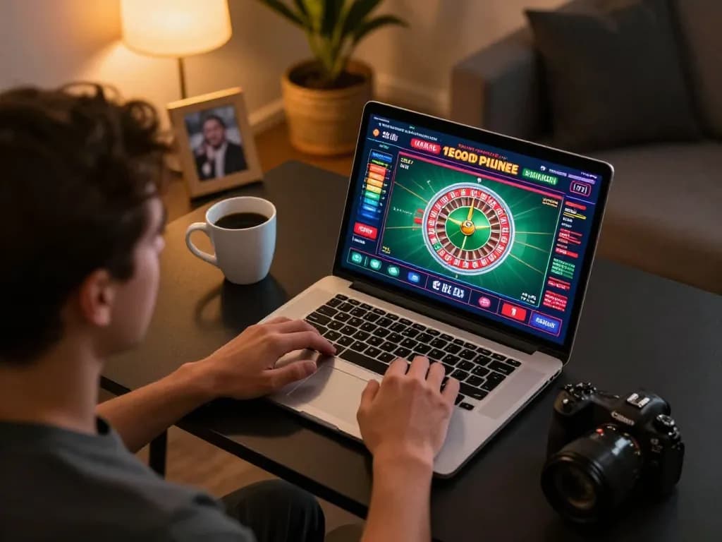 Player enjoying an online roulette game on rr88, showcasing a stylish home gaming setup with dynamic atmosphere.