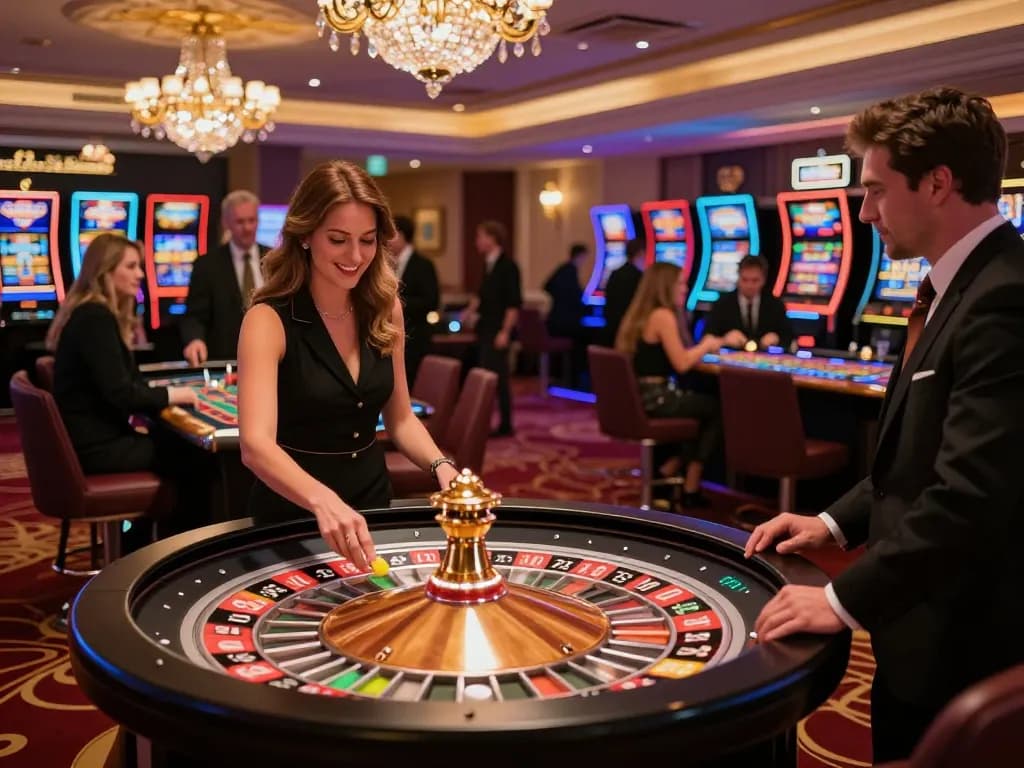 Players engaging in thrilling bets at the roulette table in an upscale casino, highlighting the excitement of 88vvgo.