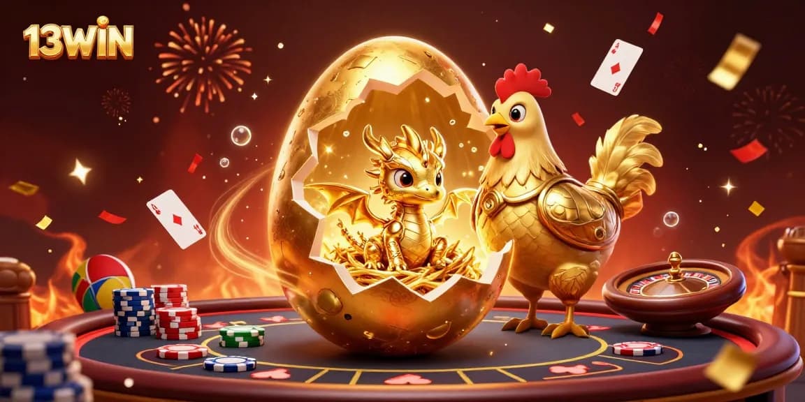 Experience the thrill of 13WIN with a colossal golden egg reveal and a dragon of poker chips.