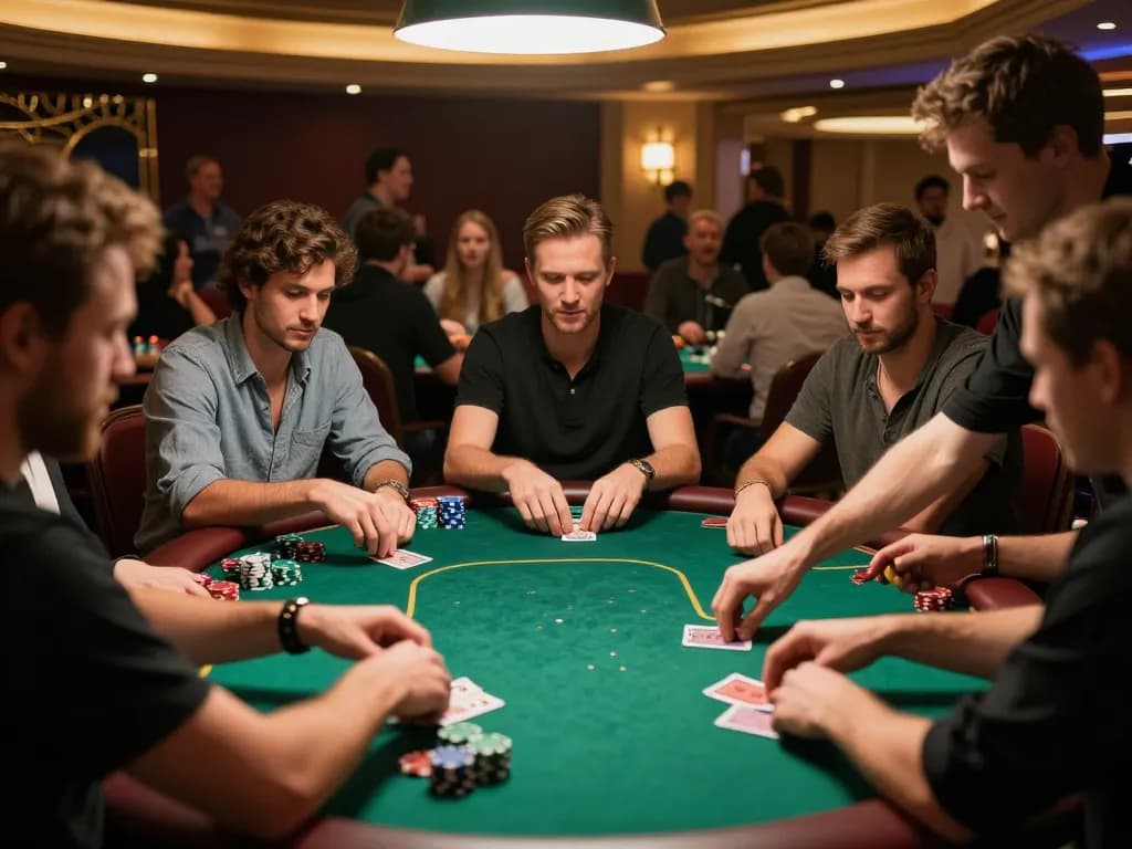 Engaged players at Onbet poker table calculating their chances and placing bets.