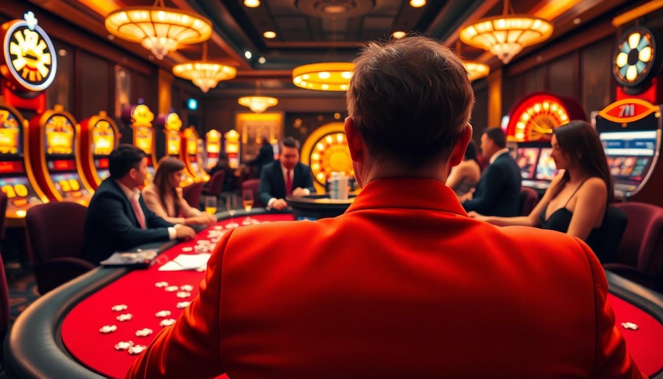 High-stakes poker table scene featuring vibrant 7m poker chips and players in a luxury casino.