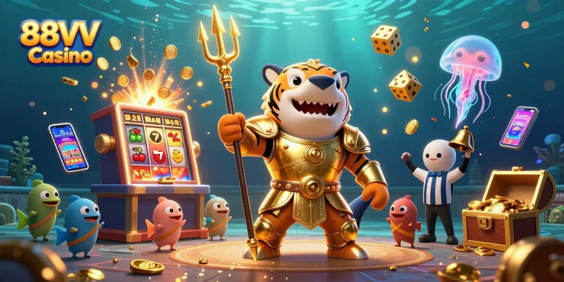 Engage with 88VV Casino's vibrant underwater scene featuring a golden shark gladiator and exciting game elements.