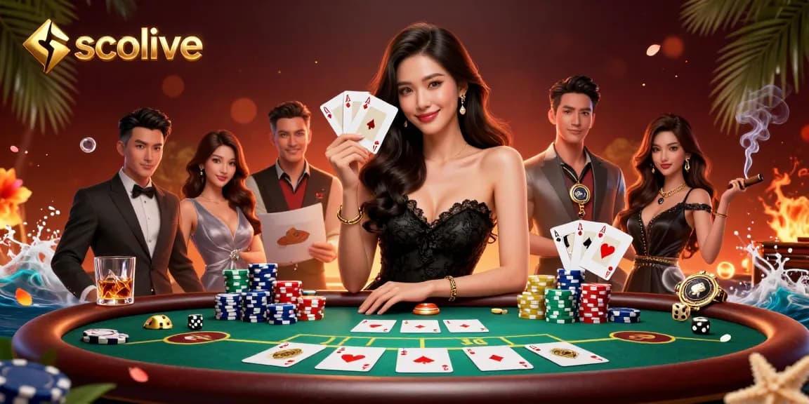 Socolive's vibrant casino scene showcasing a stylish Asian woman holding playing cards with high-definition elements surrounding her.