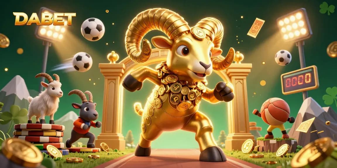 DABET sports betting dynamic scene featuring a golden ram with coins and sports balls