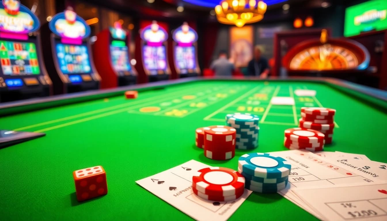 Tài Xỉu MD5 gaming table with vibrant elements, chips, and dice reflecting exciting online gambling.