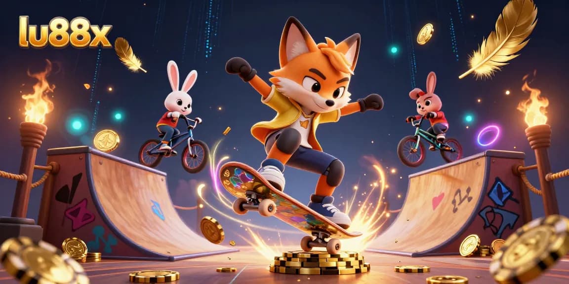 Experience dynamic casino action with lu88x, featuring a skateboarder fox and BMX rabbit in a vibrant gaming scene.