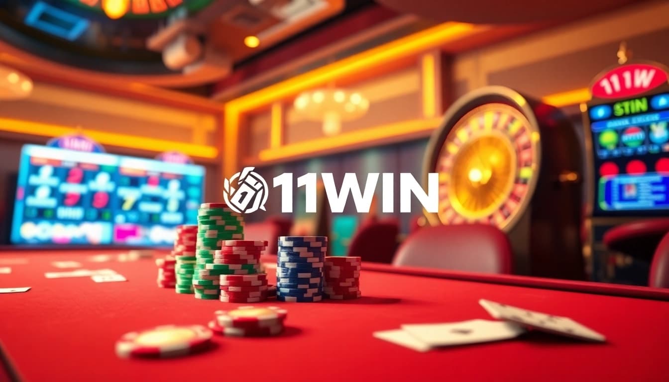 Experience thrilling casino action with 11WIN's vibrant poker table and illuminated slot machine.