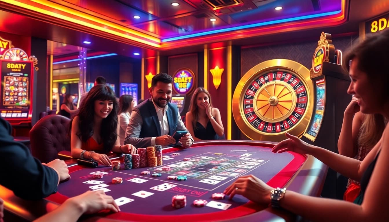 8DAY players enjoying a thrilling casino experience at a vibrant gaming table with cards and chips.