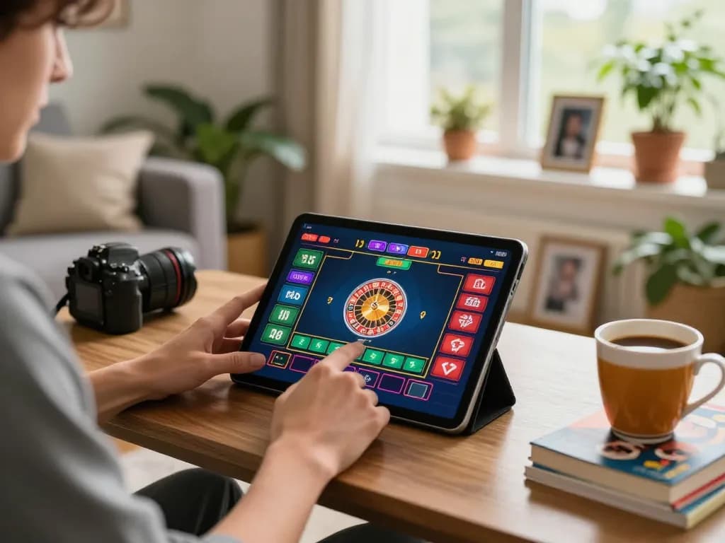 Player enjoying live roulette on 23WIN in a cozy home setup, showing tablet screen with action.