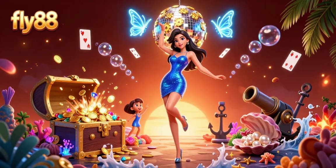 Win exciting online games with fly 88, featuring a glamorous atmosphere and vibrant casino elements.