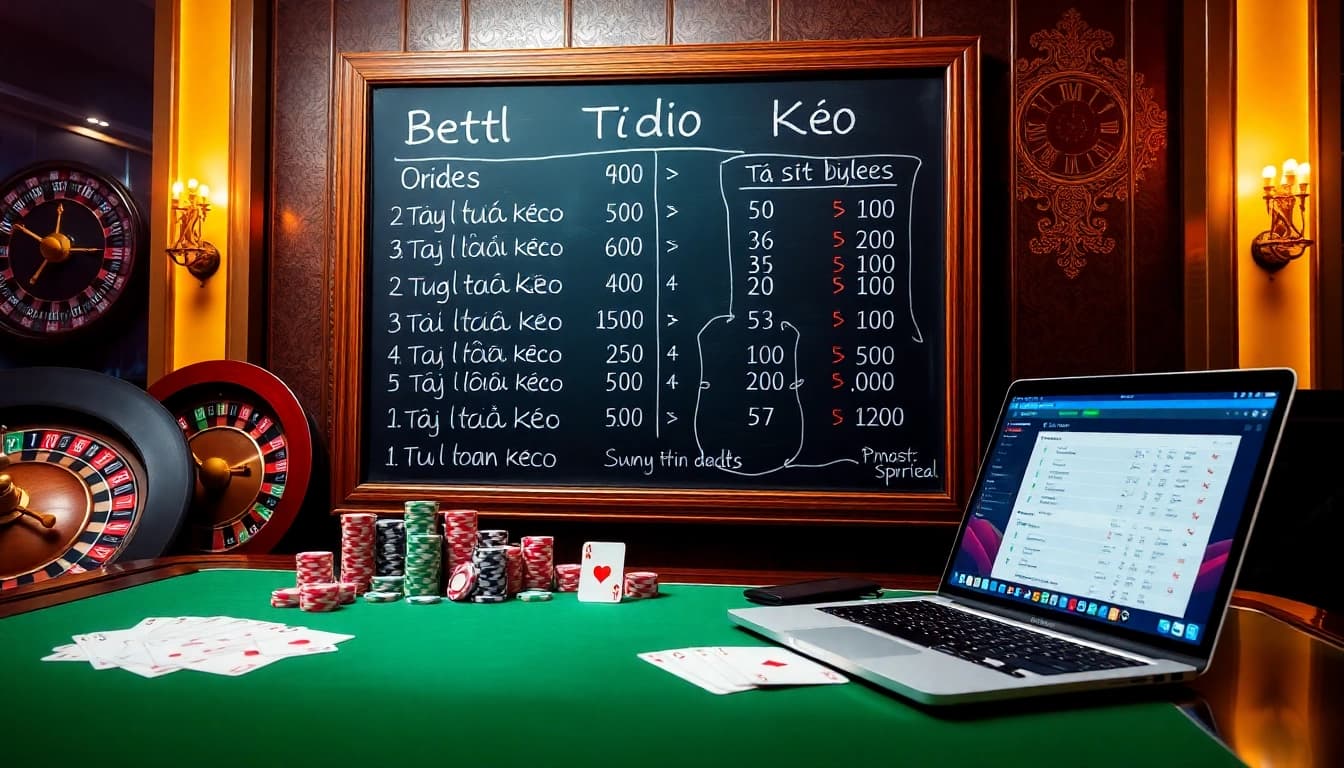 Gambling scene showcasing tỷ lệ kèo odds, poker chips, and betting slips.