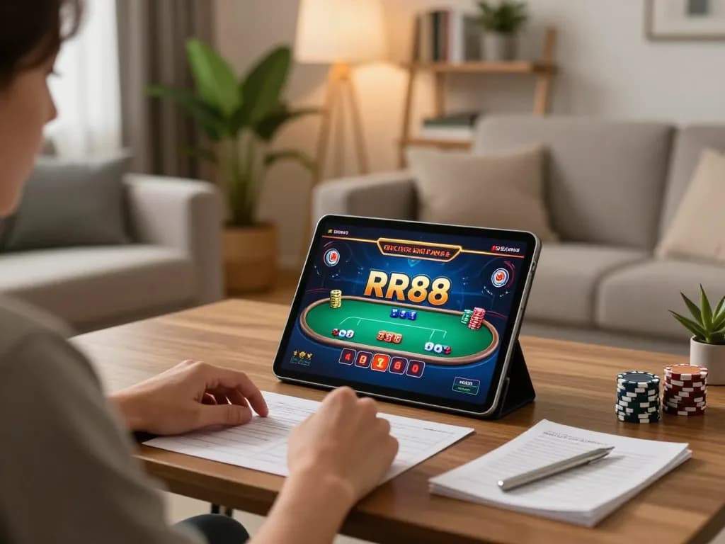 Player enjoying RR88 casino games at home, showcasing responsible gaming atmosphere with strategy notes.