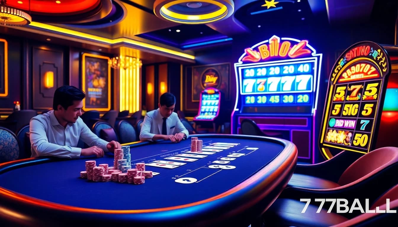 Exciting casino scene showcasing players at 77BALL poker table with vibrant lights and roulette.