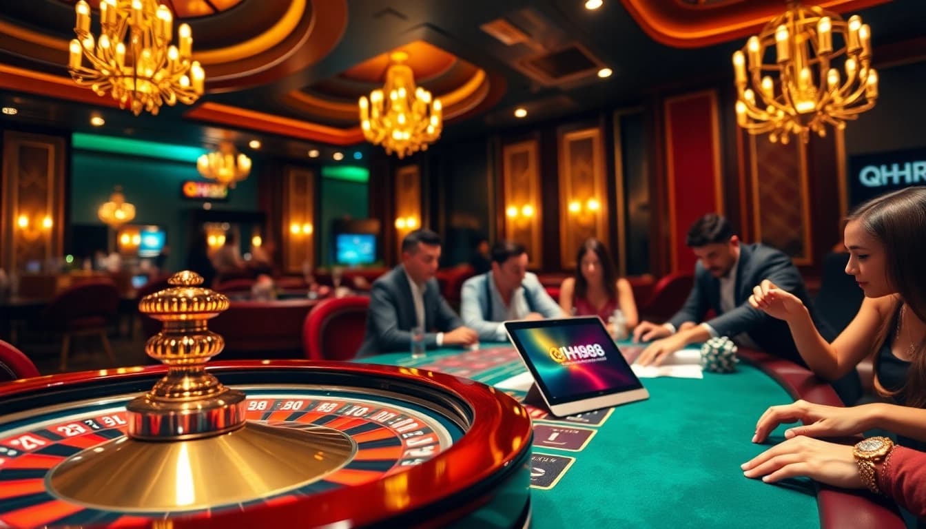 Exciting casino scene showcasing qh88 online gambling with poker players, roulette, and ambient lighting.