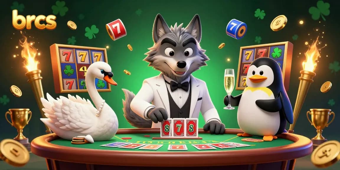 Join the excitement at brcs with luxurious card game action featuring a debonair wolf and elegant swan.