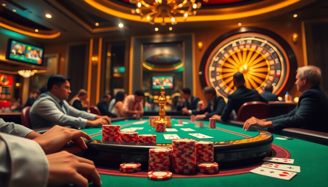 This visually rich casino scene from https://oxbet7.com/ captures players immersed in a thrilling poker game, radiating excitement and luxury.
