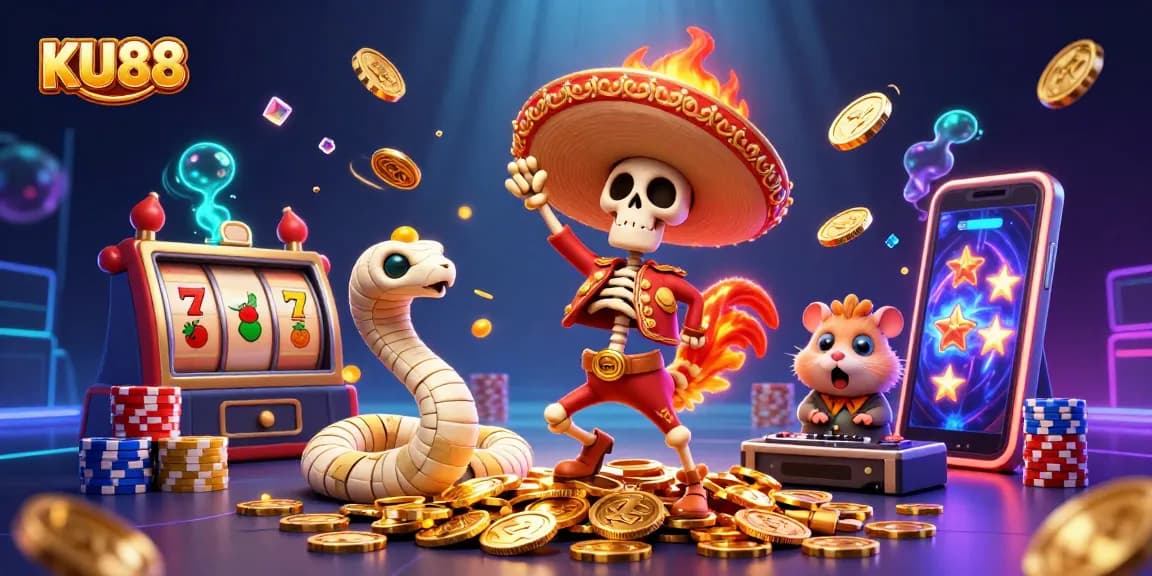 Join the excitement at KU88 with vibrant 3D characters surrounded by casino elements and golden coins!