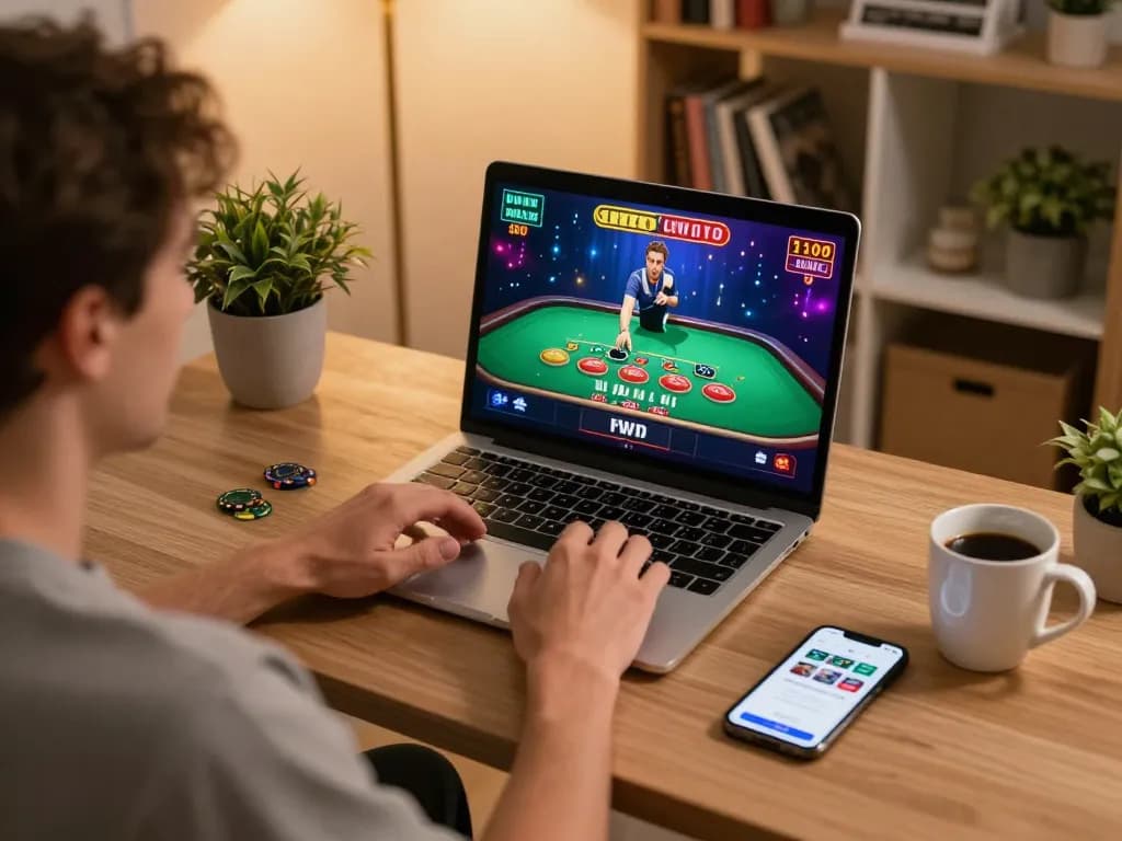Dola789 live dealer blackjack online gaming scene with a cozy home setup