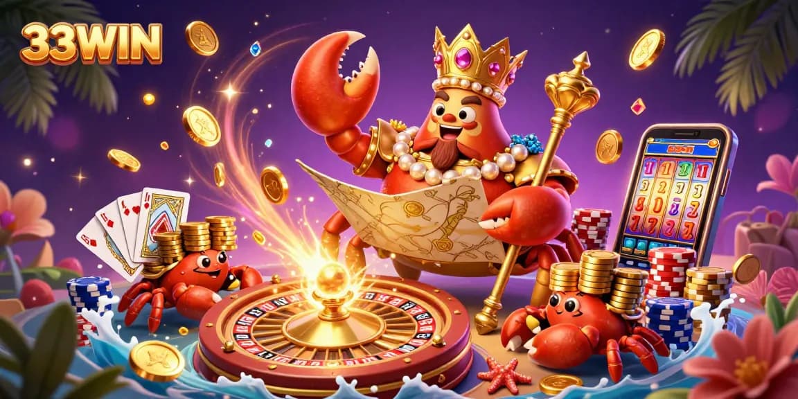 Engage in thrilling gameplay with the 33WIN mascot, a golden crab emperor surrounded by dazzling casino elements.