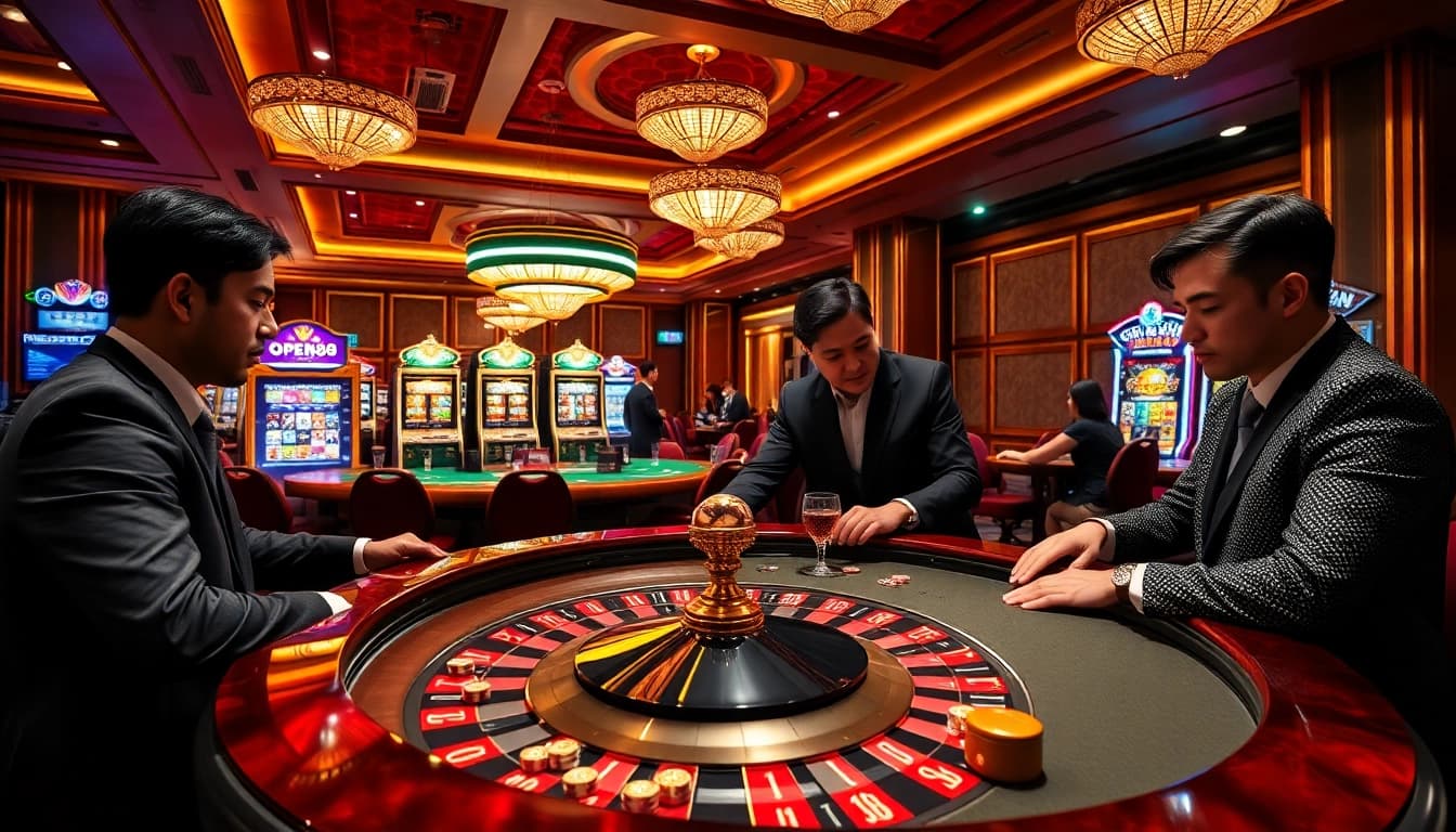 Players strategizing at the OPEN88 poker table amidst a luxurious casino ambiance.