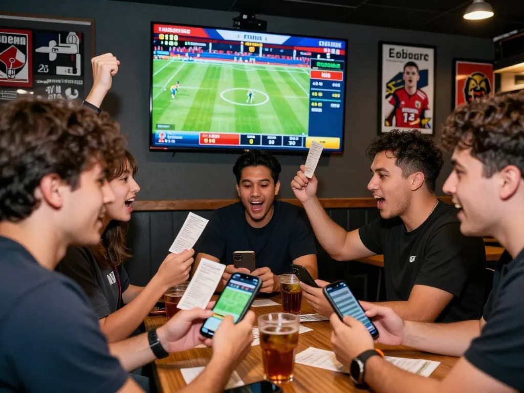 Exciting scene showing friends in a sports betting lounge analyzing tỷ lệ kèo bóng đá live on screens.