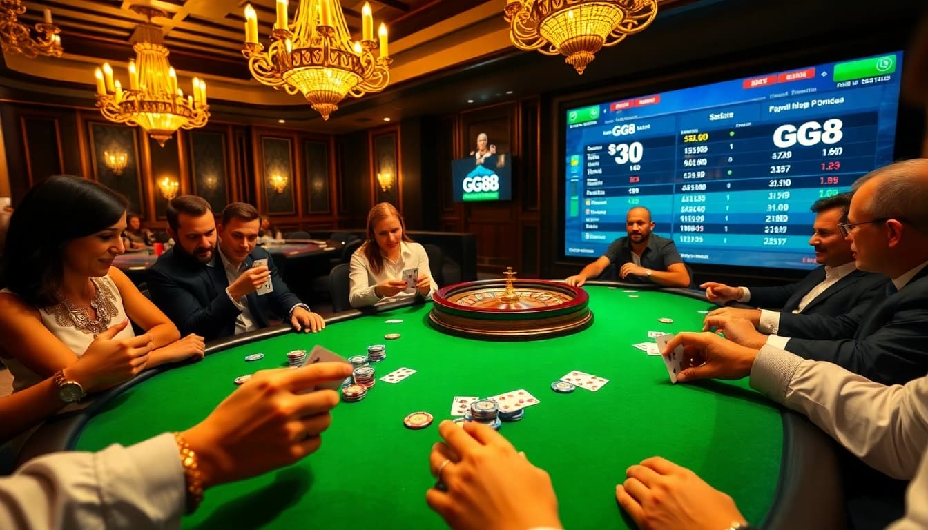 Players engage in a high-stakes GG88 poker game, showcasing chips and cards in a luxurious casino.