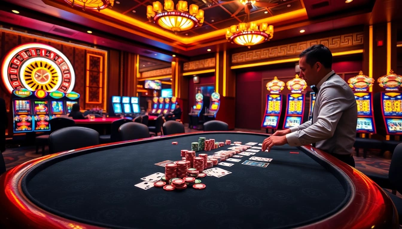 Excited players assessing tỷ lệ nhà cái at an elegant casino poker table with vibrant chips.