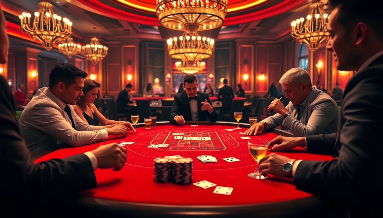 L444 casino players engaging in thrilling poker action with vibrant colors and luxurious ambiance.