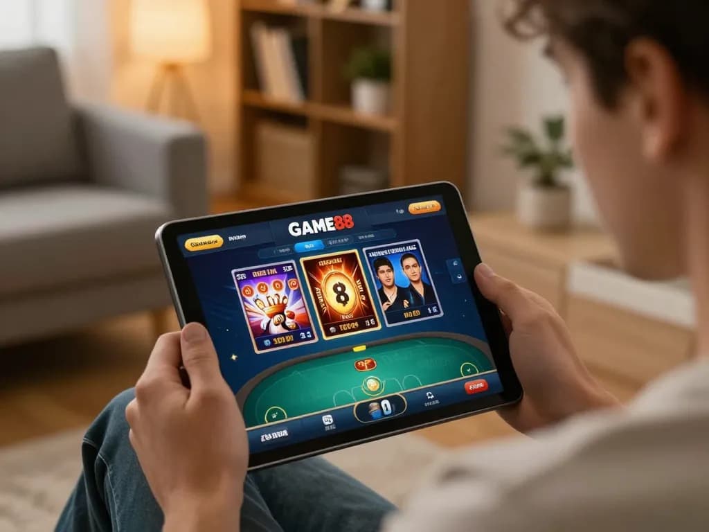 Engaging with Game open88 on a cozy tablet setup, exploring poker and slots in a comfortable living room