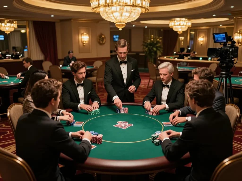 BL555 poker players strategizing in upscale casino setting with luxurious decor.