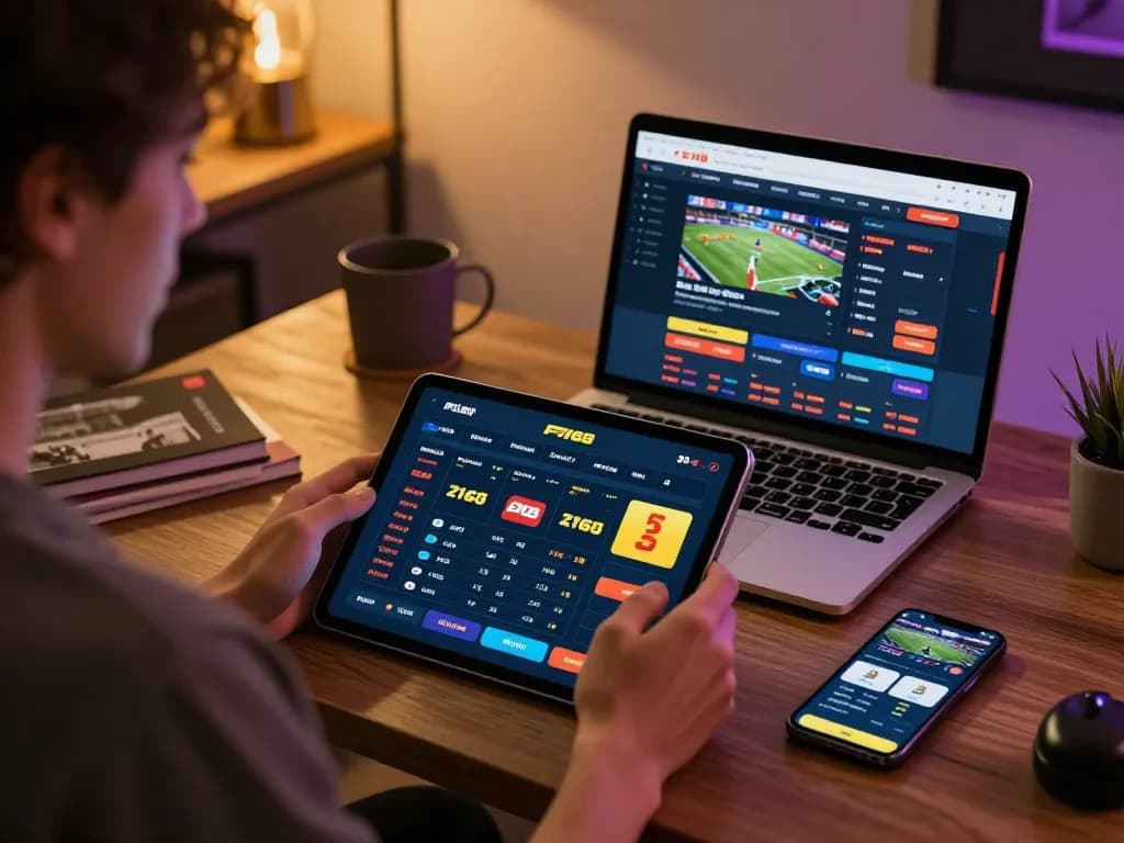 Person placing bets on F168 online casino app, showcasing modern sports betting experience in a cozy home office