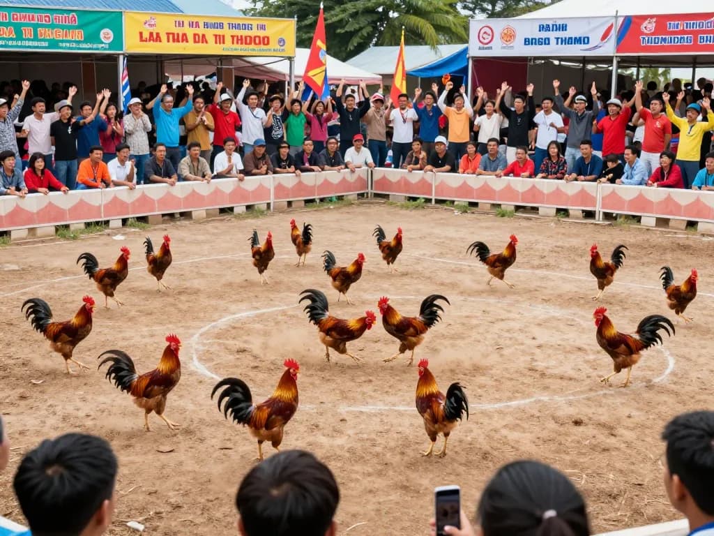 Engaging scene of Đá Gà Thomo chicken fighting, showcasing intense rooster battles and lively audience.