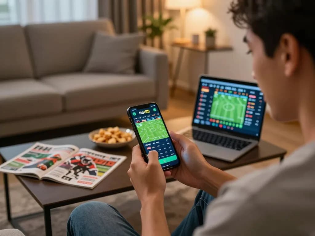 Betting on live sports using the Net88 app from a cozy home setup, showcasing excitement and engagement.