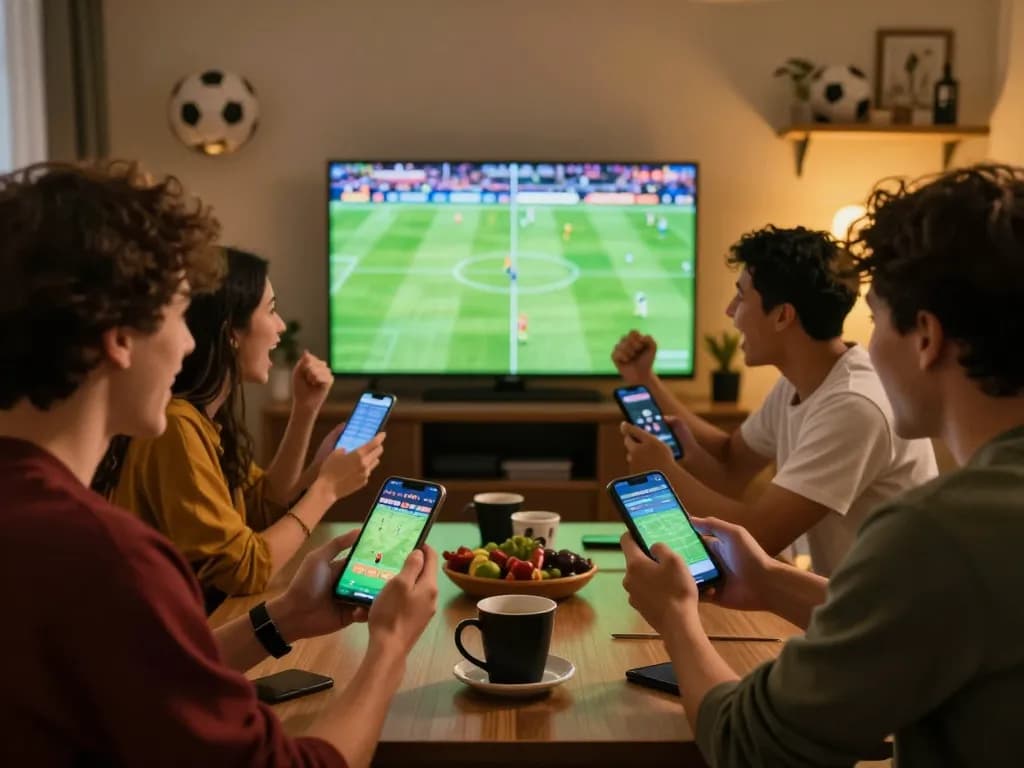 Friends placing football bets enthusiastically while watching a live match on screen.
