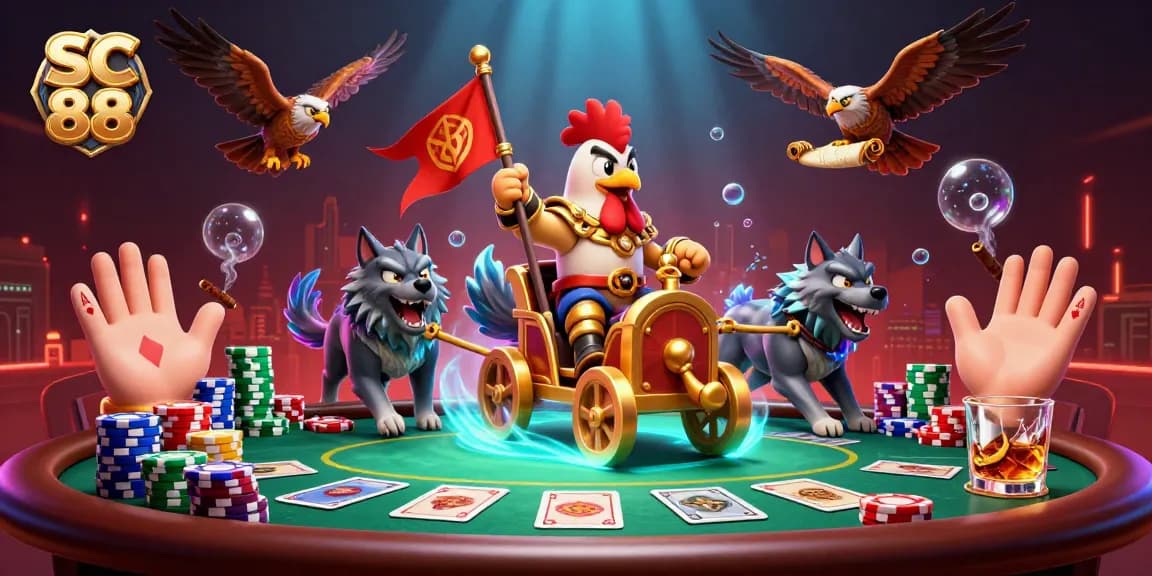 Engage in epic SC 88 casino battles with a rooster warlord and poker chips.