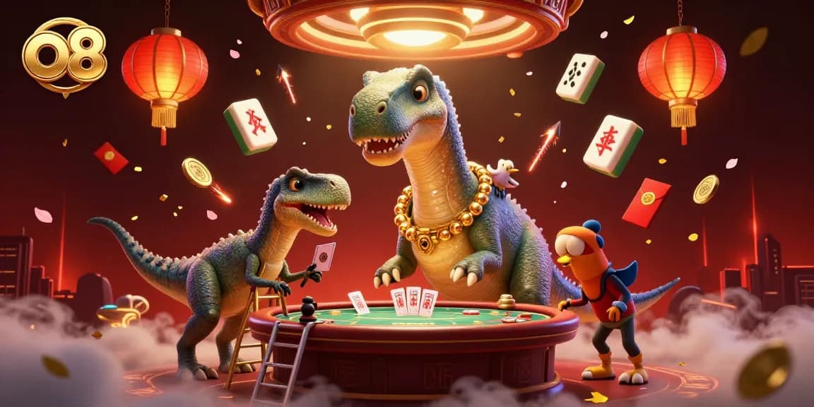 Play poker with O8 as a giant brontosaurus looks down, creating a whimsical casino scene.
