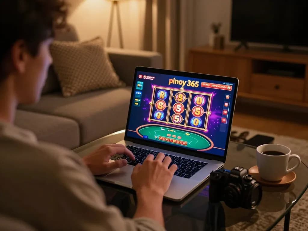 Player enjoying online gaming with pinoy 365 on a laptop in a cozy home setting.