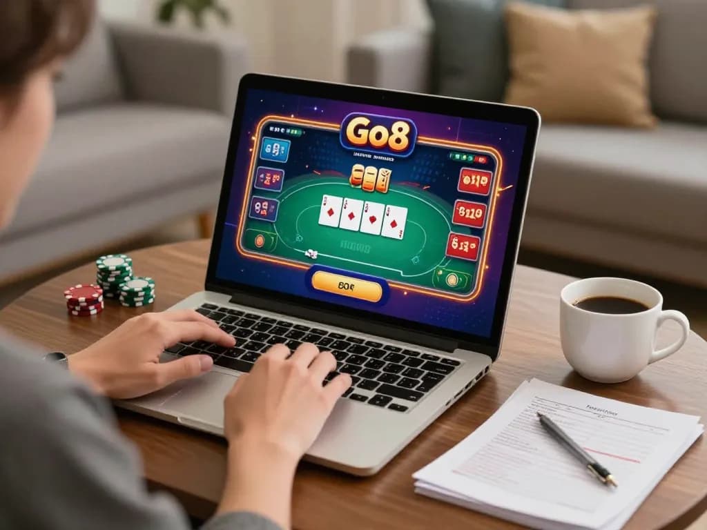 Engaging in Go8 online casino gaming with a laptop showcasing a poker game while enjoying a cozy home atmosphere.