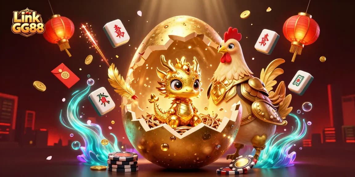 Engage with Link GG88's dazzling featured image showcasing a golden dragon over poker chips, amidst festive casino elements.