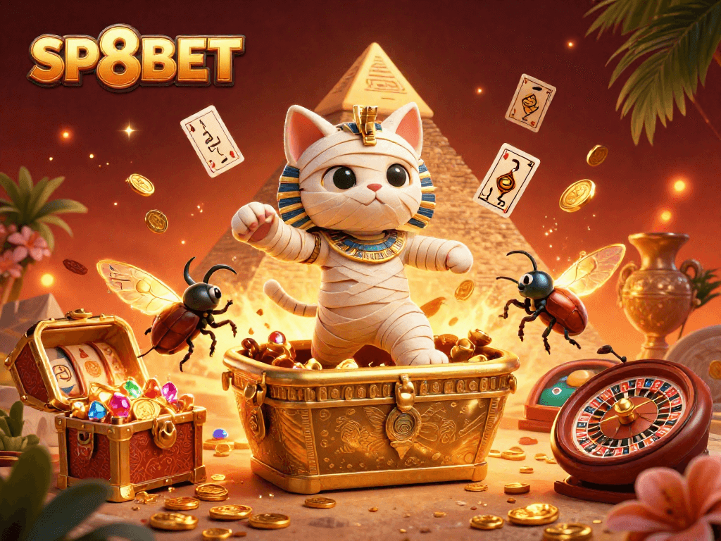 Spin the reels with SP8BET in a dynamic casino scene featuring an Egyptian mummy and vibrant treasures.