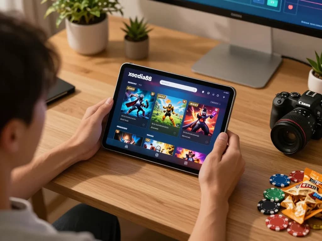 Xocdia88 user engaging with online game interface in a cozy home environment.