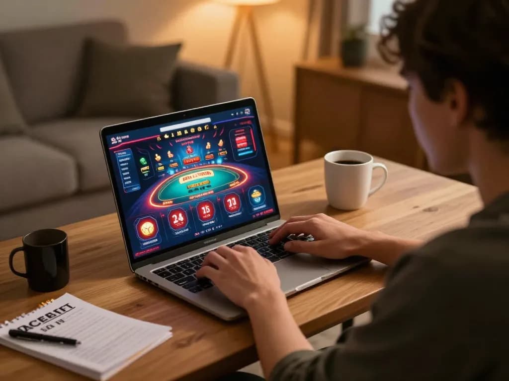 Engaged in online gaming at nhà cái uy tín, person strategizing bets with laptop interface set in a cozy environment.