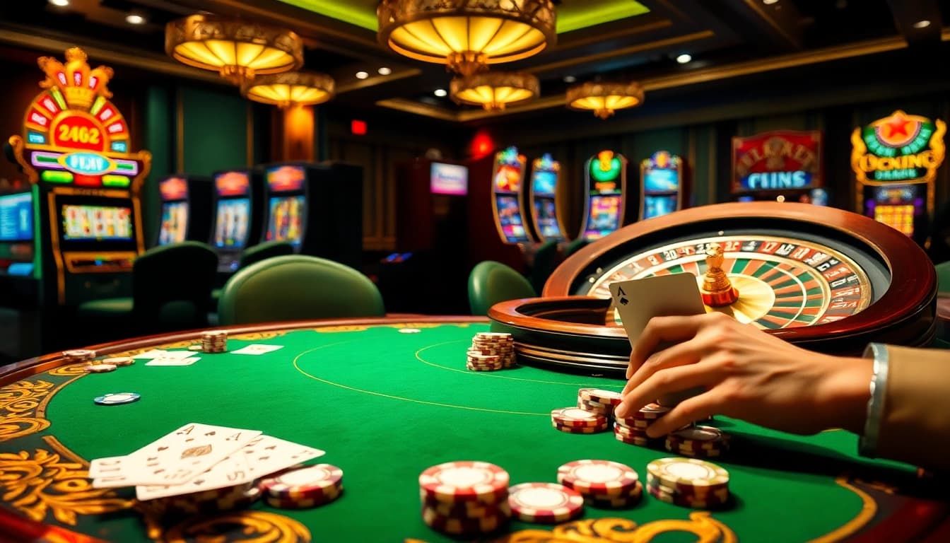 KJC game action scene with vibrant casino tables, cards, chips, and roulette wheels, illuminating the excitement.