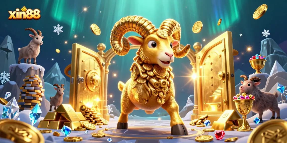 Experience thrilling wins at xin88 with an exciting 3D cartoon scene featuring a golden ram and treasures.