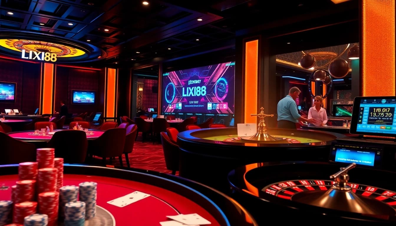 Engage with the thrilling casino experience at LIXI88 featuring poker tables, roulette, and energetic gameplay.