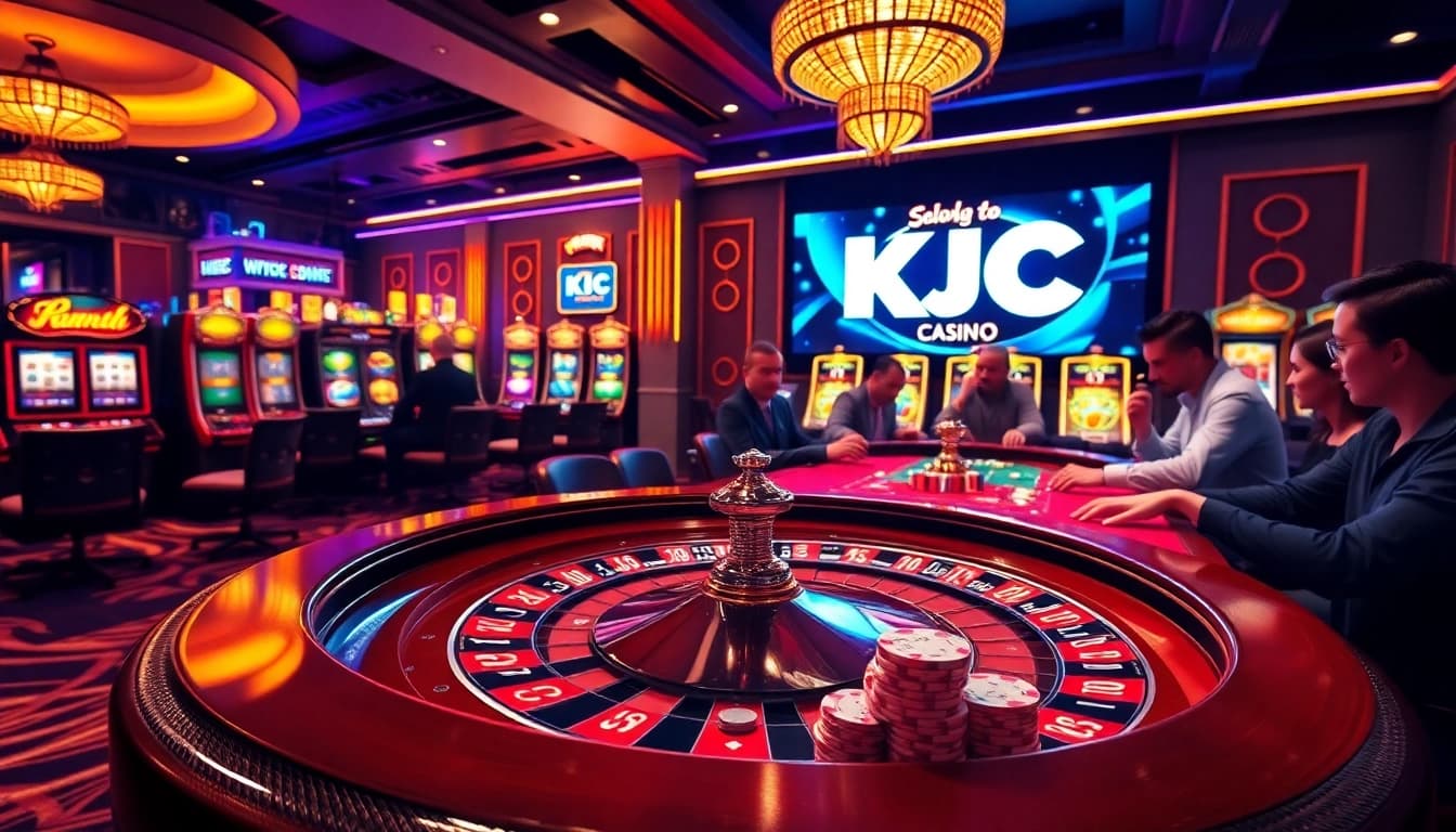 KJC casino scene with poker players, vibrant chips, and roulette wheel showcasing excitement