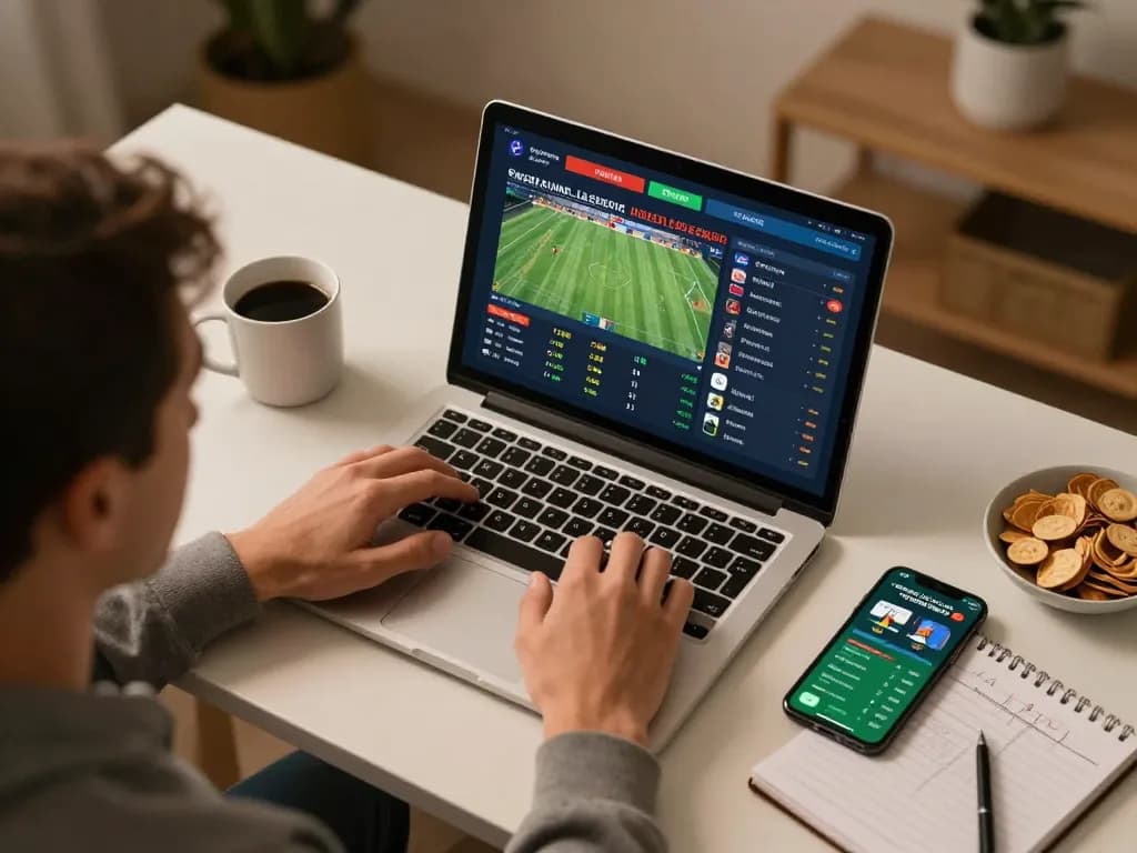 TT88 nhà cái user actively places sports bets using a laptop and smartphone in a cozy setup.