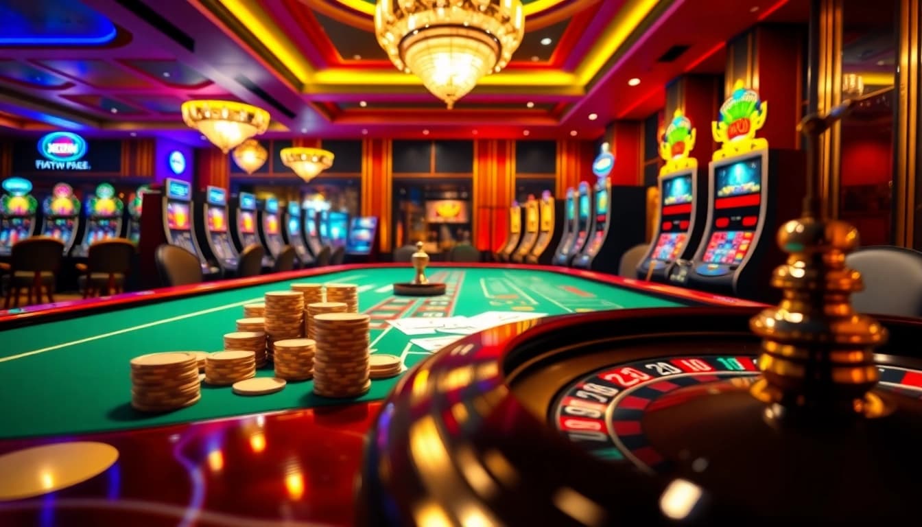 Exciting scene at XX88 Casino with dealers, roulette wheel, and vibrant gaming tables.