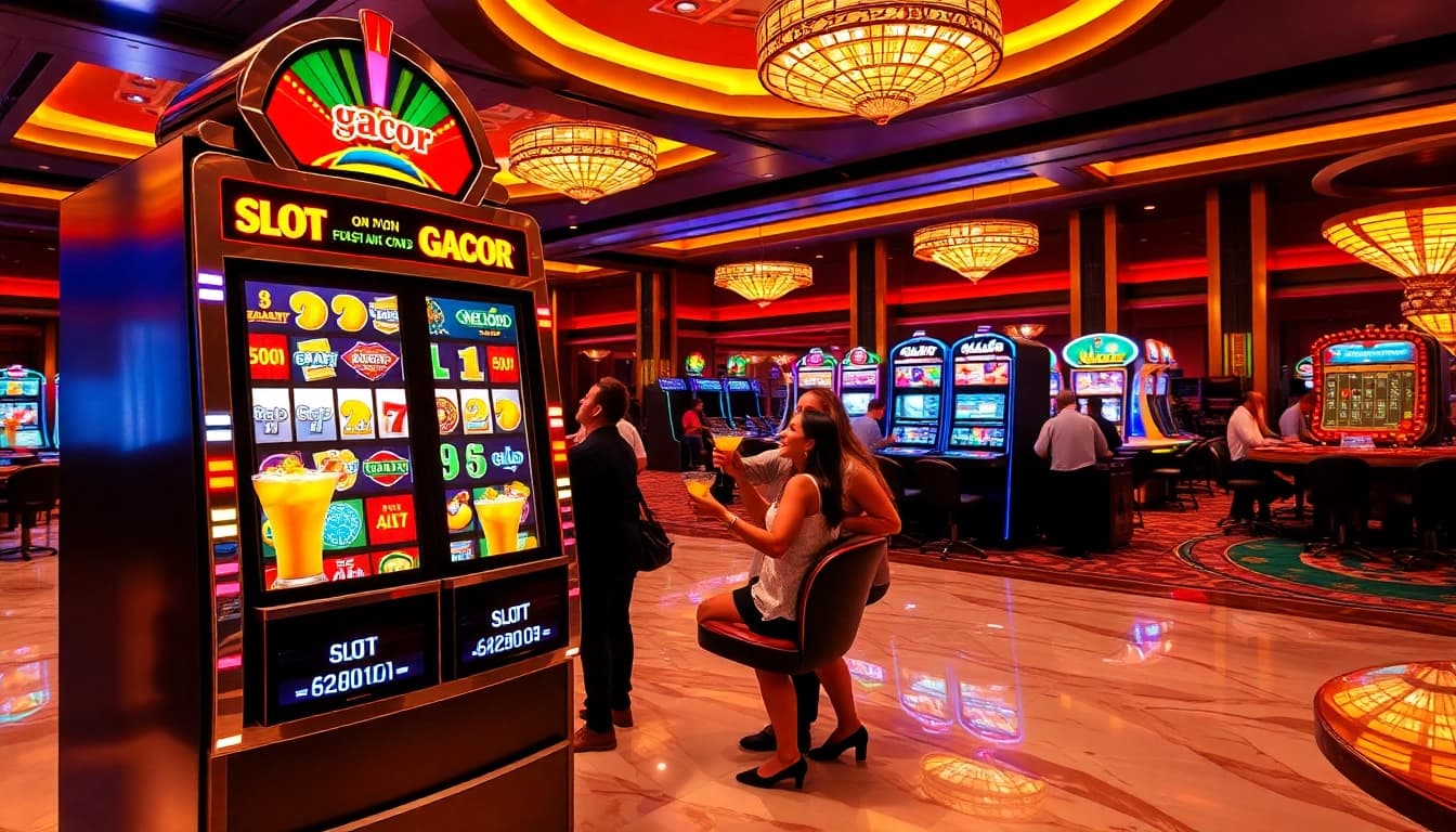 Experience the excitement of slot gacor with players cheering around a vibrant casino slot machine.